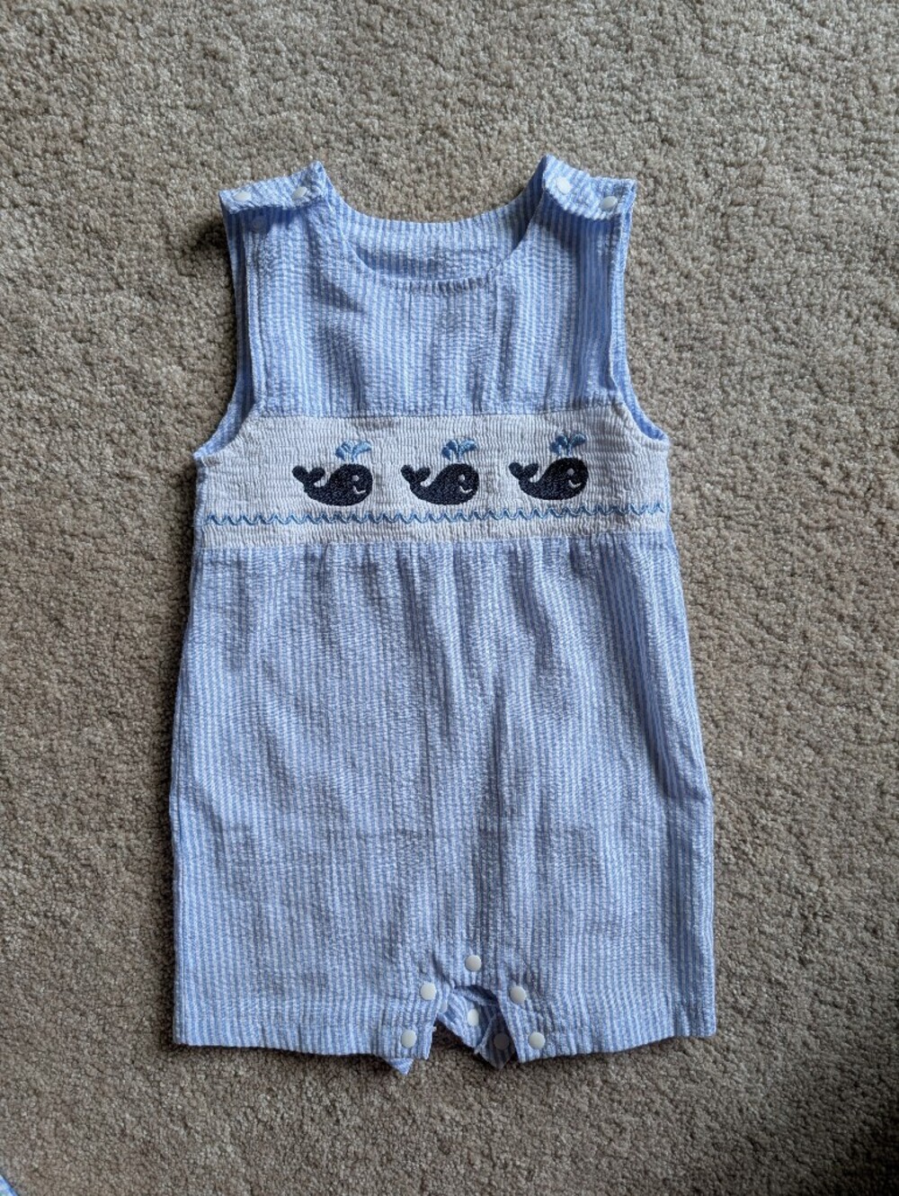 6-12 Month Baby Blue Whale Seersucker Striped Knit Embroiderd Smocked Shortalls